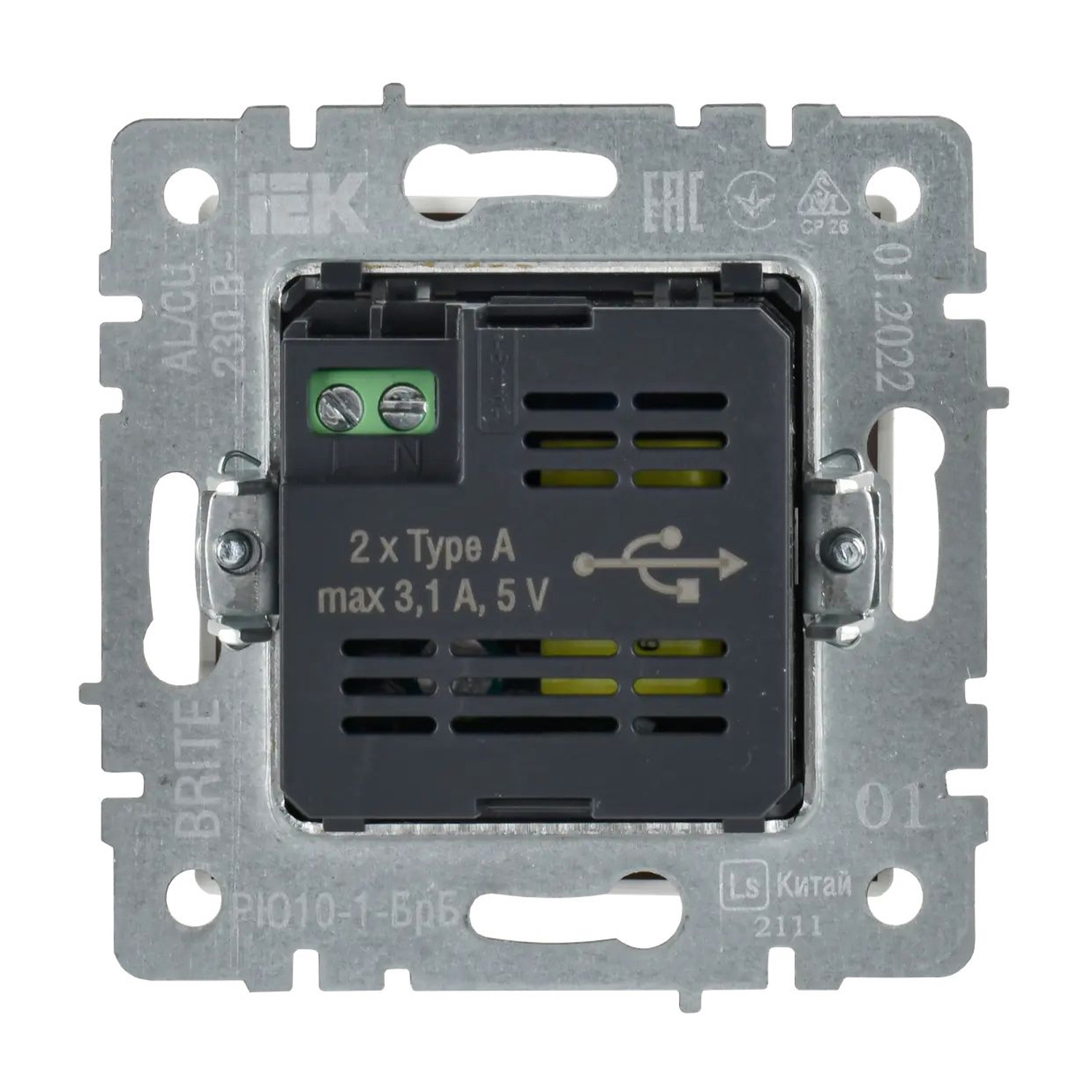 Механизм розетки "BRITE" 2-мест. USB A+A 5В/3.1А белый IEK BR-U21-D31-K01   *1/8/80