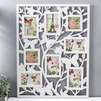 Фоторамка пластик на 8 фото 10х10, 10х15 см "Бабочки на деревце" белая 70х55 см 2476778