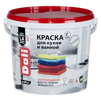 Краска акриловая 5 л для кухни и ванной DALI, бесцветная база С, глубокоматовая, влагостойкая