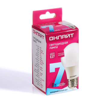 Лампа светодиодная ОНЛАЙТ, Е27, груша A60, 7 Вт, 560 Лм, 4000 К, нейтральный белый