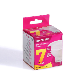 Лампа светодиодная ОНЛАЙТ, GU5.3, рефлектор MR16, 7 Вт, 490 Лм, 3000 К, теплый белый