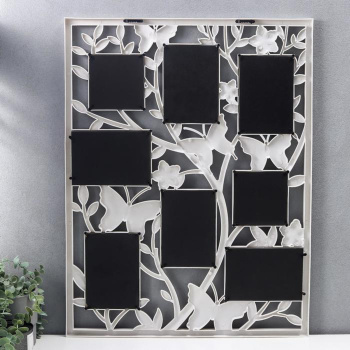 Фоторамка пластик на 8 фото 10х10, 10х15 см "Бабочки на деревце" белая 70х55 см 2476778