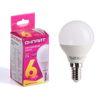 Лампа светодиодная ОНЛАЙТ, Е14, шар G45, 6 Вт, 450 Лм, 2700 К, теплый белый